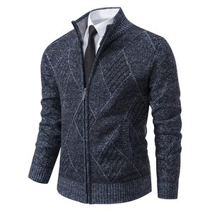 Men's Casual Rabbit Hair Blend Cardigan Sweater Winter Thickened Stand Collar Full Zip Argyle Knit Outerwear