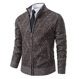 Men's slim fit argyle knit cardigan with full zipper and stand collar in brown and white