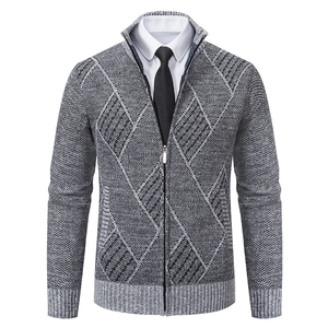 Men's slim fit zip-up cardigan with grey argyle pattern and stand collar knitwear
