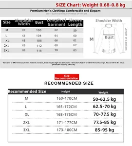 Size chart table for men's knit cardigan showing measurements from M to 3XL in CM