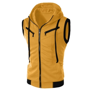 Men's yellow hooded vest with black contrast trim and full zip closure for sports