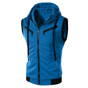 Blue men's hooded vest with black accents and decorative zippers in a sporty slim fit
