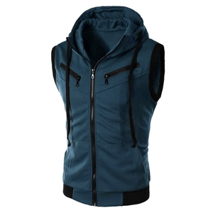 Men's blue slim fit hooded vest jacket with black trim and decorative zippers