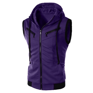 Men's purple hooded sports vest with black trim and zipper pockets on white background