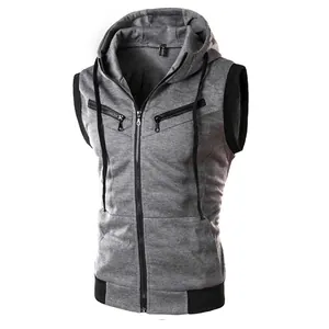 Slim fit men's hooded athletic vest in light grey with black contrast details and zip pockets