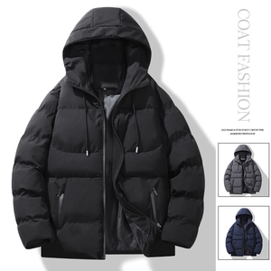 Heren winter gewatteerde jas met capuchon, horizontale stiksels in zwart en blauw