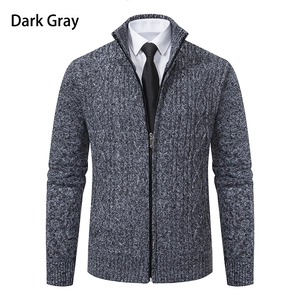 Detailed cable knit pattern on a dark gray men's zip-up stand collar sweater jacket