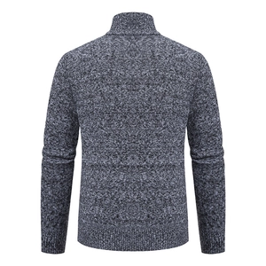 Detail view showing the marled knit cable pattern on the back of the men's cardigan sweater