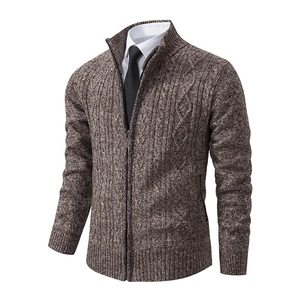 Men's brown cable knit cardigan with stand collar and full zipper closure in soft texture