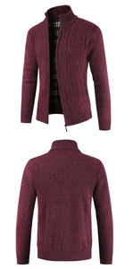 Front and back view of a burgundy cable knit cardigan with stand collar and zipper