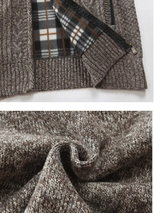 Close-up of men's thick cardigan with metal zipper and plaid fleece lining details
