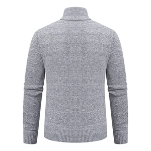 Detailed back view of men's gray cable knit cardigan showing ribbed cuffs and textured hem