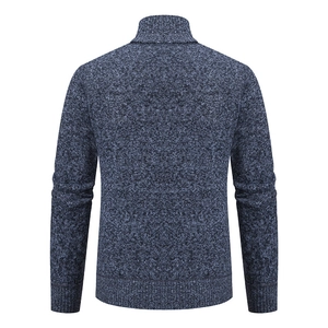 Detail view of the back of the men's knitted cardigan with stand collar and ribbed hem