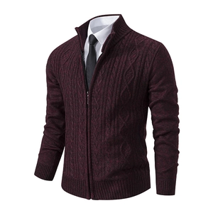 Men's wine red cable knit cardigan sweater with stand collar and zipper closure