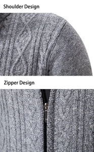 Men's grey knit cardigan featuring cable-knit texture, metal zipper and shoulder details