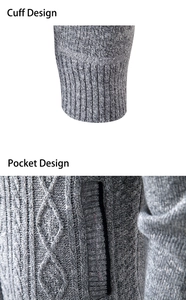 Detail view of ribbed cuff design and cable knit pocket on grey men cardigan sweater
