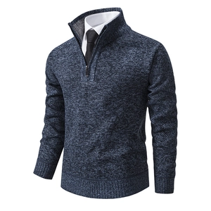 Men's quarter-zip knitted sweater in navy marl with stand collar and ribbed cuffs