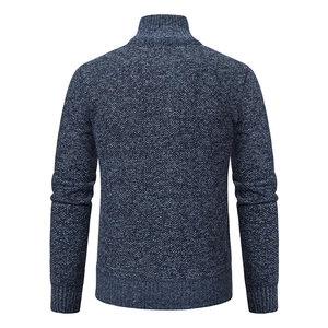 Back view of a men's navy blue melange knit sweater with stand-up collar and ribbed edges