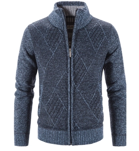 Herren Strickjacke in Dunkelblau mit großem Rautenmuster und geripptem Stehkragen
