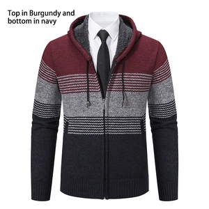 Detail of men's color-block knit cardigan with thick fleece lining and drawstring hood