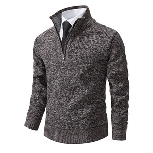 Men's quarter-zip stand collar knit sweater in brown mixed texture for business casual