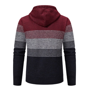 Rear view of knit hooded cardigan with red, grey, and navy blue color block design