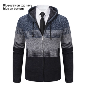 Detail of men's hooded knit cardigan with gradient navy color and warm fleece lining