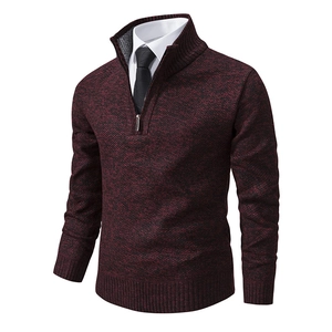 Men's burgundy marl quarter-zip knit sweater with ribbed cuffs and stand collar