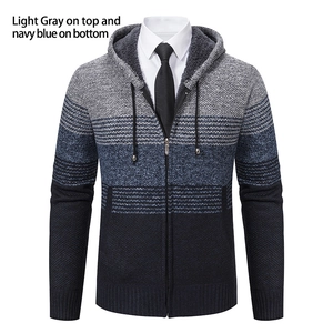Detail view of men's hooded knit cardigan with three-color gradient stitching design
