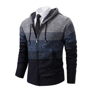 Detail of men's hooded knit cardigan with gradient blue stripes and zip-up front