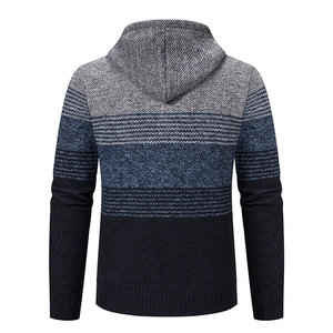 Detailed back view of men's hooded knit sweater with grey, sky blue and navy stripes