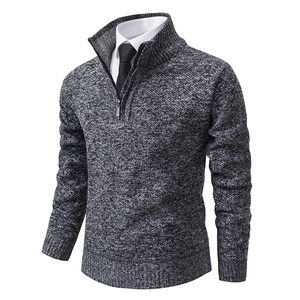 Men's grey marl 1/4 zip knit sweater with stand collar and ribbed hem over white shirt