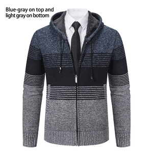 Detail of men's hooded knit cardigan showing zipper closure and warm fleece lining