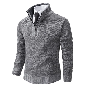 Men's quarter-zip knitted sweater in grey marl with textured honeycomb pattern and stand collar