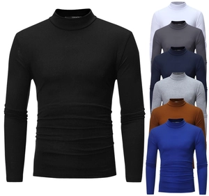 Detail of slim fit turtleneck long sleeve t-shirt showing 7 colors in high quality fabric