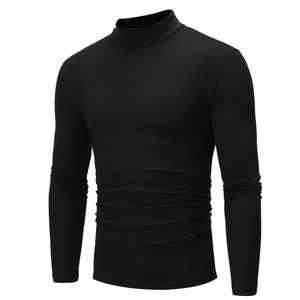 Detail of slim fit black turtleneck shirt showing ribbed knit texture and seamless cuffs