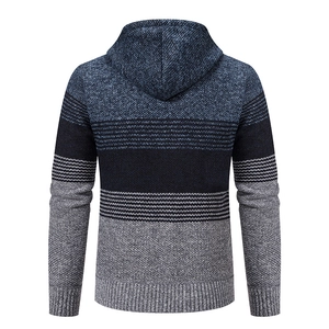 Detail view of the heavy-knit texture and color-block design on men's hooded cardigan jacket