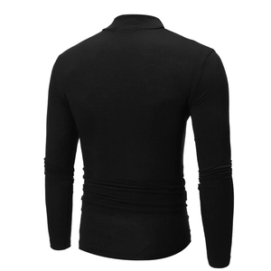 Slim fit men's long sleeve mock neck shirt in solid black, back view detail on white