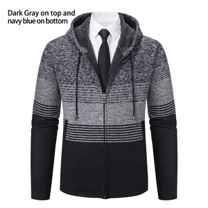 Detail of hooded knit cardigan with faux shearling lining and gradient color block design