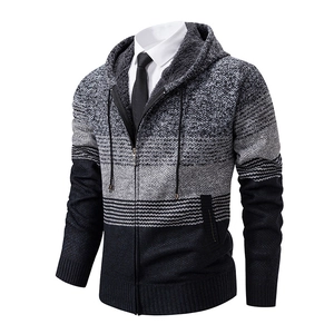Detail of men's hooded knit cardigan showing warm fleece lining and textured gradient stripes
