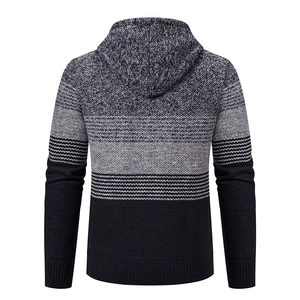 Rear view of men's hooded knit cardigan featuring grey gradient stripes and ribbed cuffs
