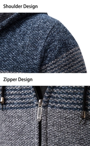 Detail view of the metal zipper and knitted fabric texture on the hooded cardigan jacket