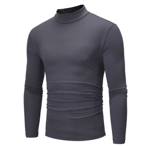 Detail of dark grey men's slim fit turtleneck shirt with premium knitted texture