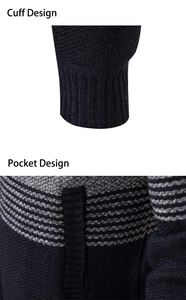 Detailed view of the ribbed cuff and knit striped pocket on the navy blue men cardigan