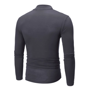 Back view of slim fit dark grey mock neck long sleeve shirt for men on white background