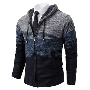 Men's thickened hooded knit cardigan with grey and blue gradient stripes and full zipper