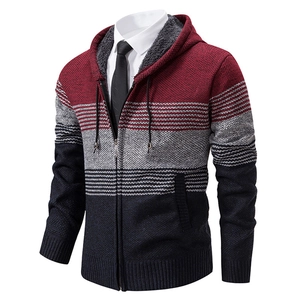 Men's Casual Fleece Lined Knitted Cardigan Jacket Winter Warm Hooded Colorblock Zip Up Long Sleeve Sweater Outerwear