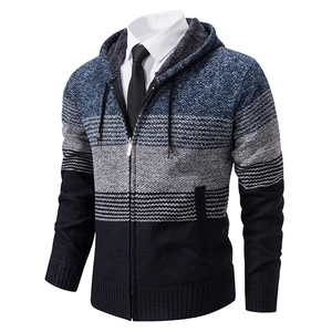 Men's thickened hooded knit cardigan jacket with tricolor patchwork and fleece lining