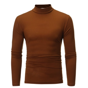 Detailed view of the double-needle stitching on slim-fit brown mock neck long sleeve shirt