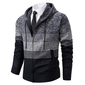 Men's hooded knit cardigan jacket with thick fleece lining and gradient stripe pattern